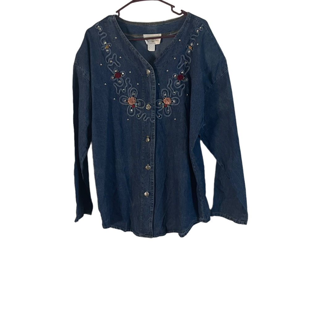 Miss & Mrs One Size Vintage Denim Floral Western‎ Button Up Denim Shirt